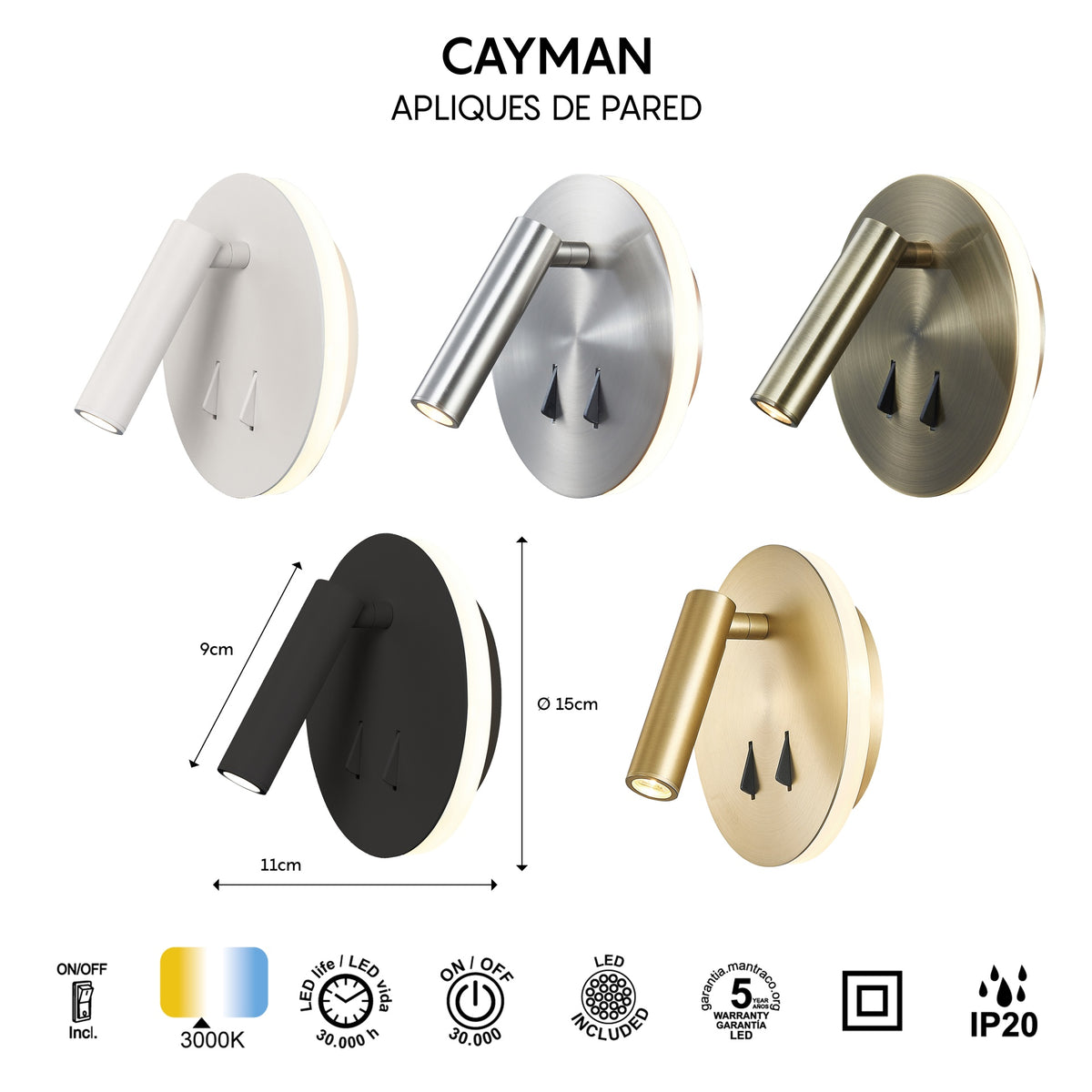 Mantra CAYMAN LED Zidna svjetiljka 3+6W 3000K OKRUGLA BIJELA