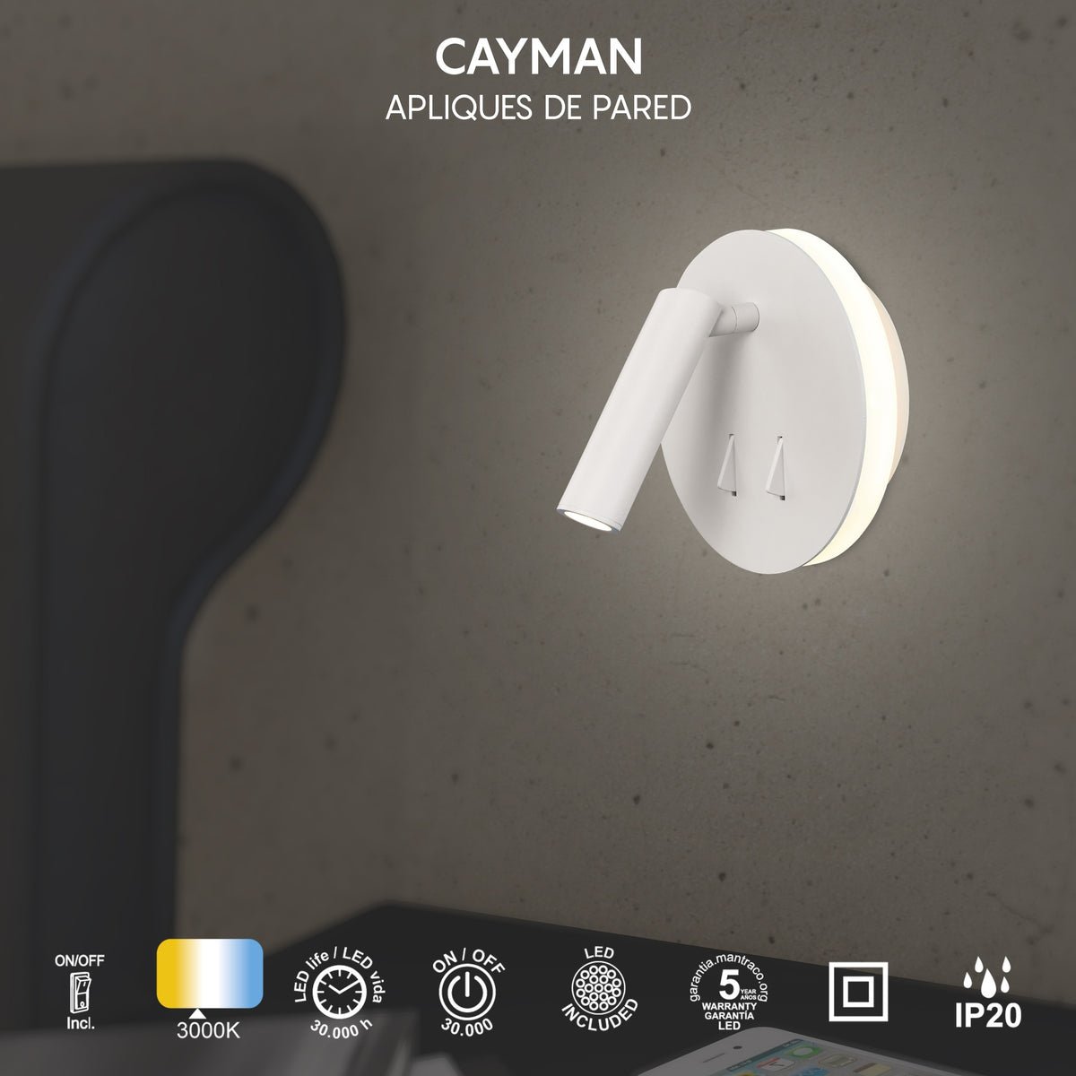 Mantra CAYMAN LED Zidna svjetiljka 3+6W 3000K OKRUGLA BIJELA