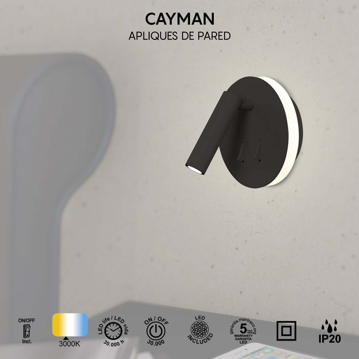Mantra CAYMAN LED Zidna svjetiljka 3+6W 3000K OKRUGLA CRNA