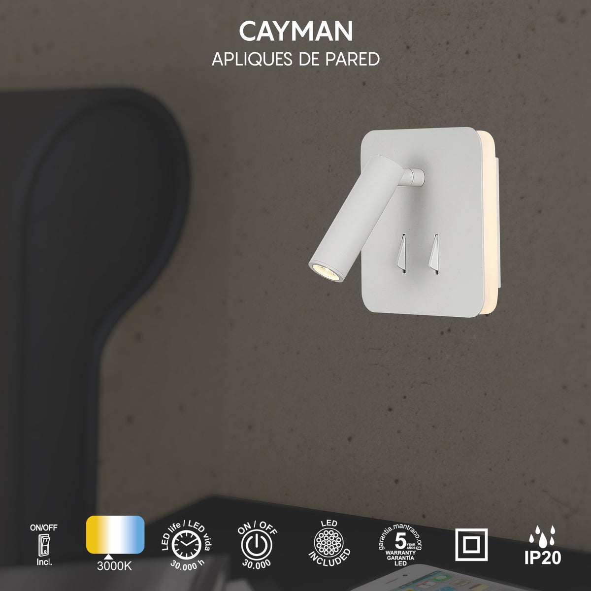 Mantra CAYMAN LED Zidna svjetiljka 3+6W 3000K KVADRATNA BIJELA