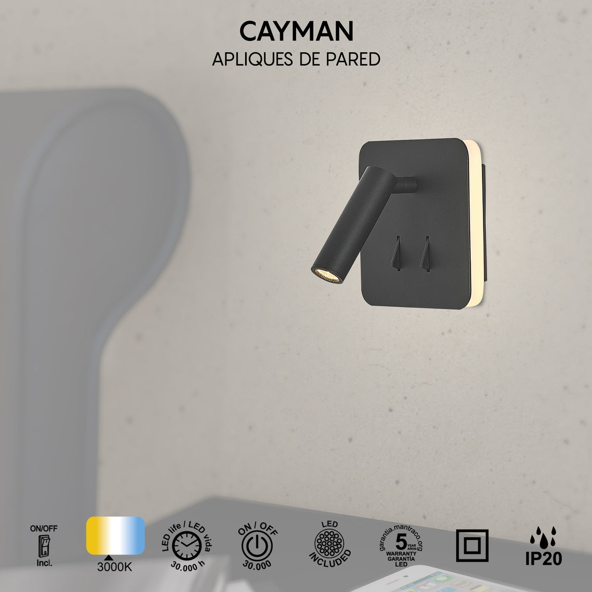 Mantra CAYMAN LED Zidna svjetiljka 3+6W 3000K KVADRATNA CRNA