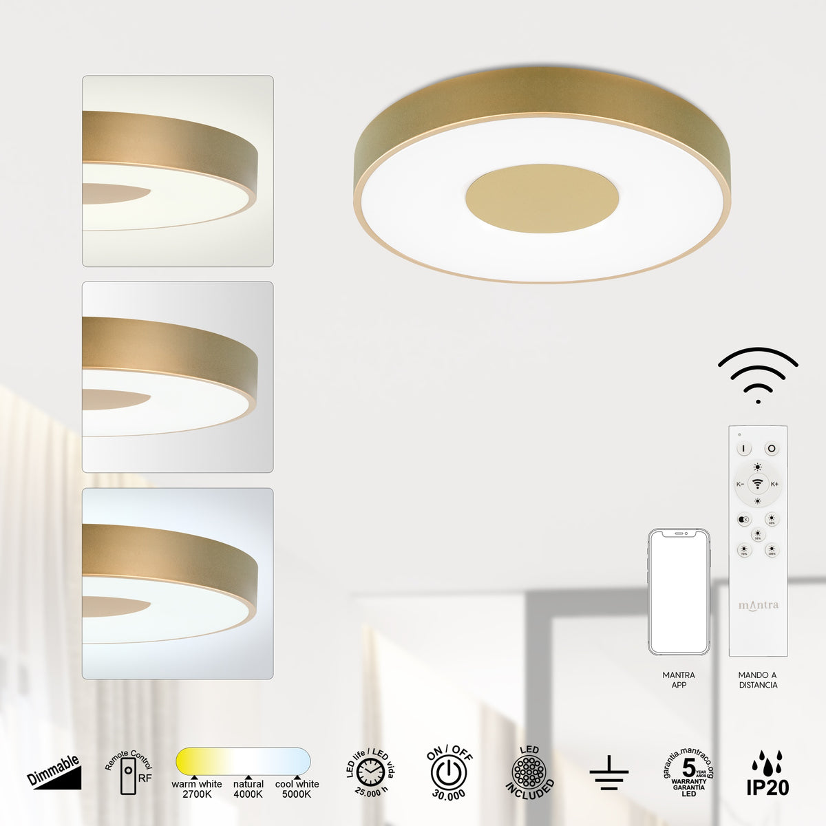 Mantra COIN DIMABILNA stropna svjetiljka LED 80W CCT 50CM ZLATNA