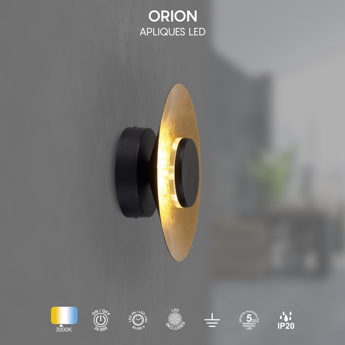 Mantra ORION LED Zidna lampa 8W 3000K Ø250mm CRNA/ZLATNA