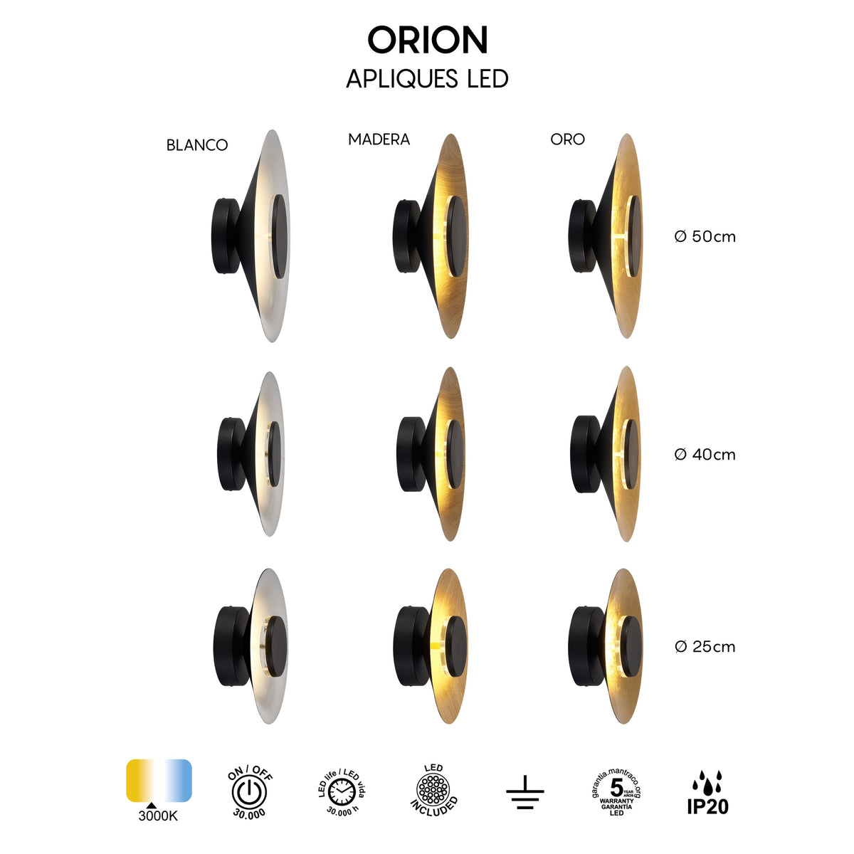 Mantra ORION LED Zidna lampa 24W 3000K Ø500mm CRNA/DRVO