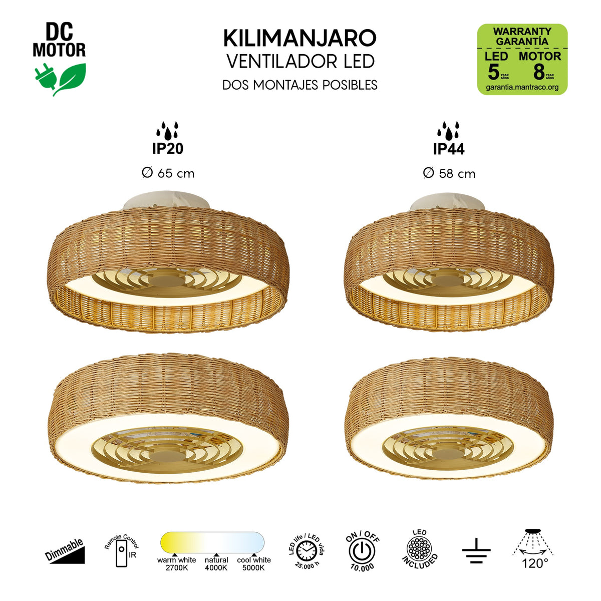 Mantra KILIMANJARO MINI LED stropni ventilator 58cm IP44 RATAN