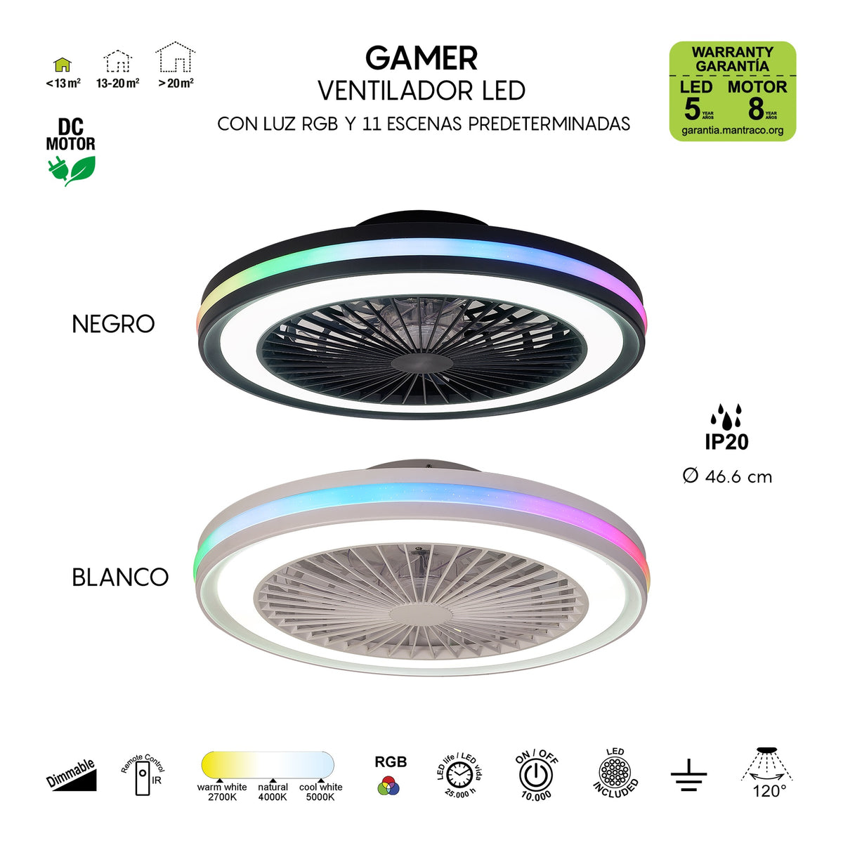 Mantra GAMER MINI LED stropni ventilator 47cm CRNI