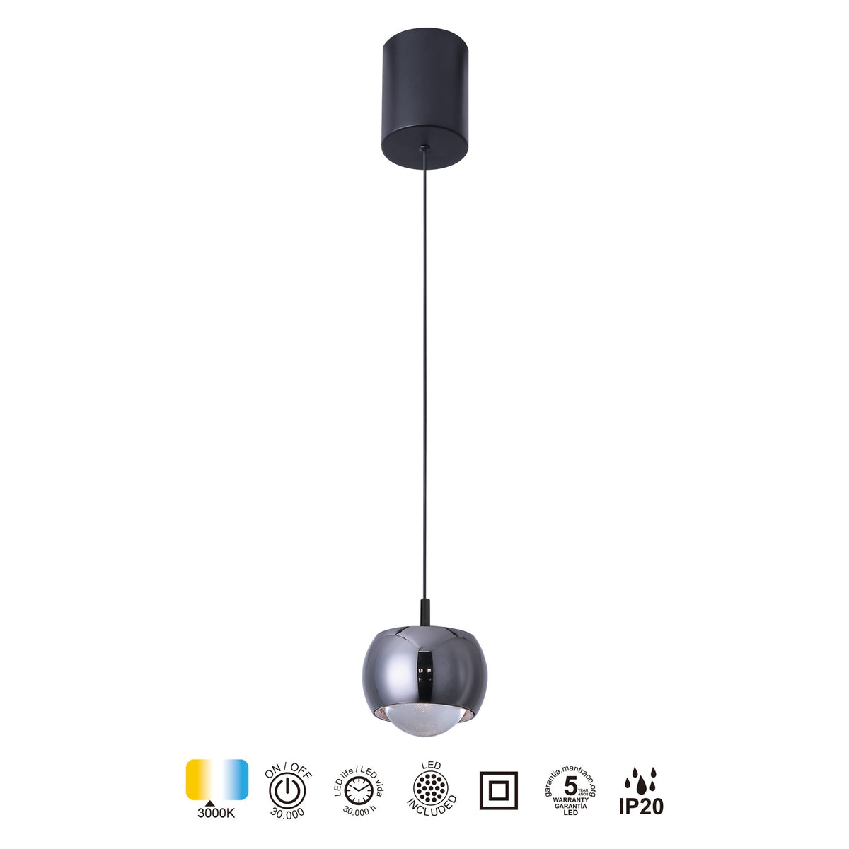 Mantra ROLLER viseća svjetiljka LED 12W 3000K 96MM CRNA/KROM