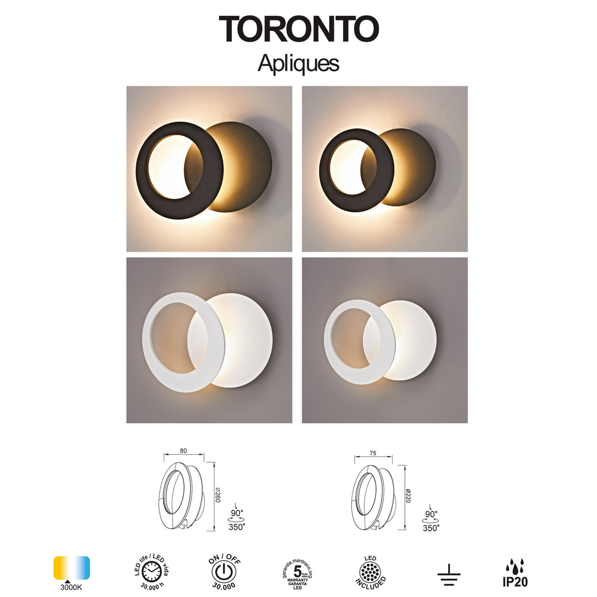 Mantra TORONTO LED ZIDNA SVJETILJKA 15W 3000K 260MM CRNA