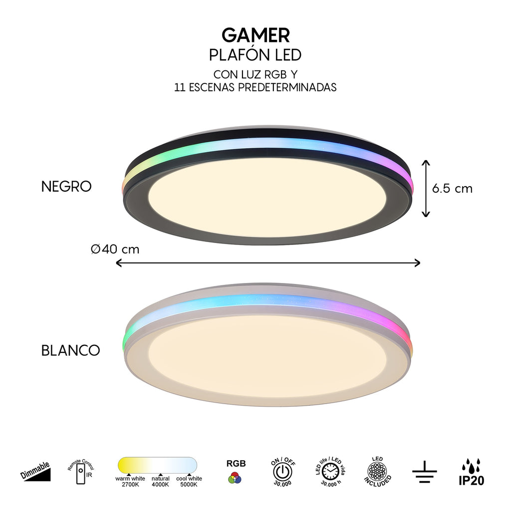 Mantra GAMER DIMABILNA stropna svjetiljka LED 30W 40CM CCT+RGB CRNA