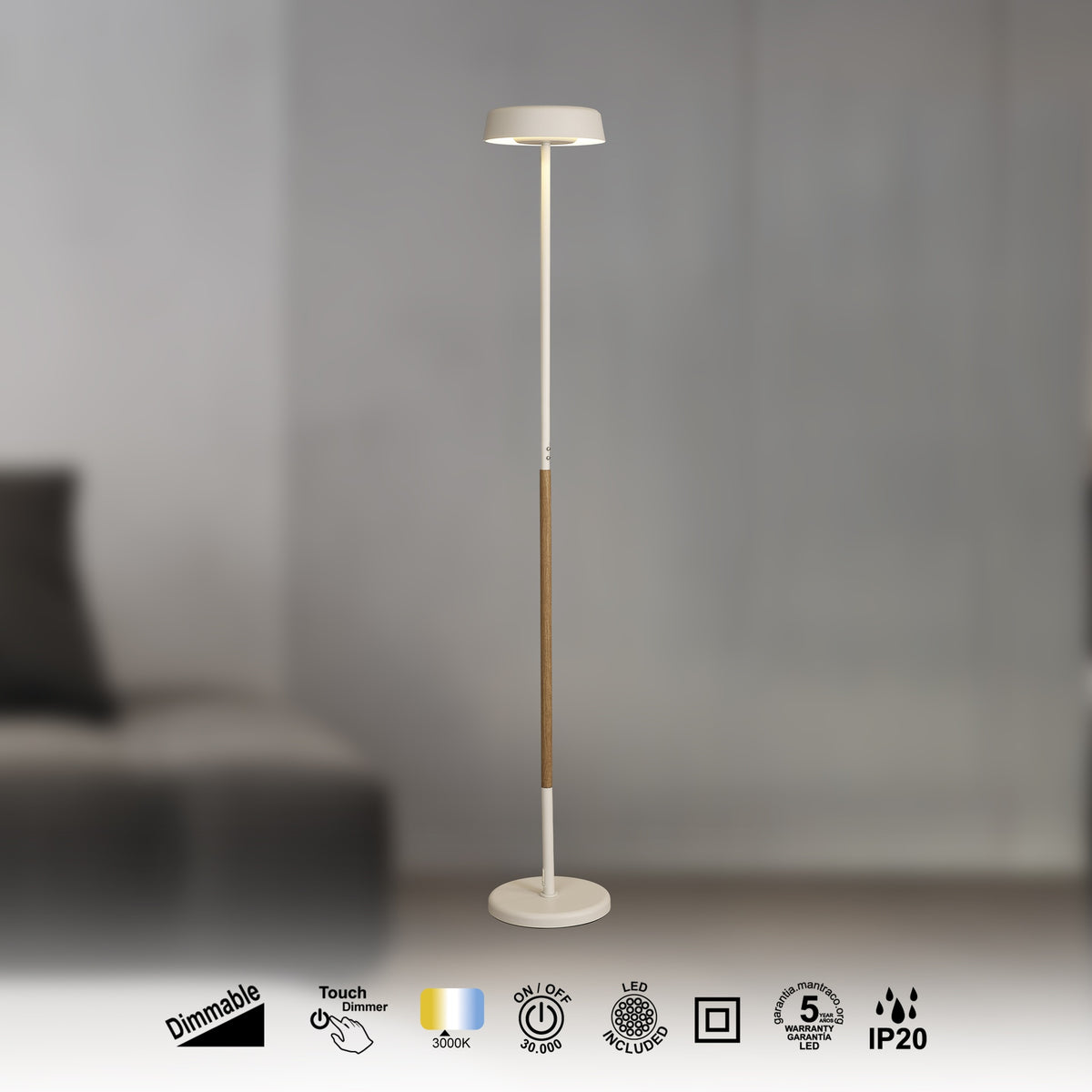 Mantra NOA II DIMABILNA podna svjetiljka LED 30W 3000K 180CM DRVO/BIJELA