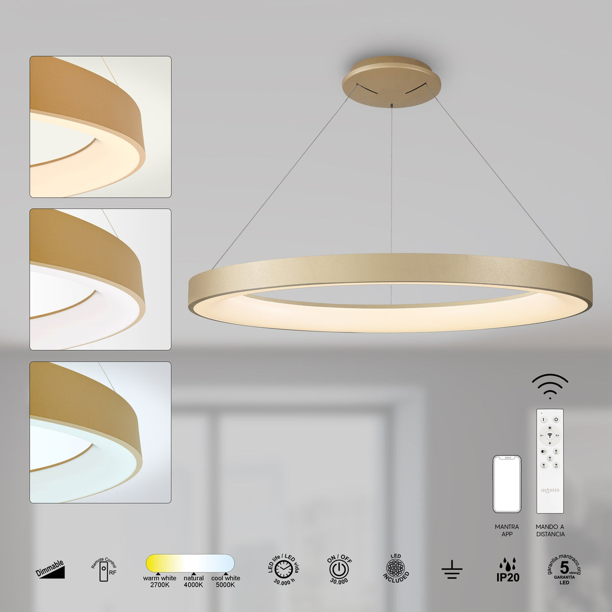 Mantra NISEKO II DIMABILNA viseća svjetiljka LED 60W CCT 65CM ZLATNA