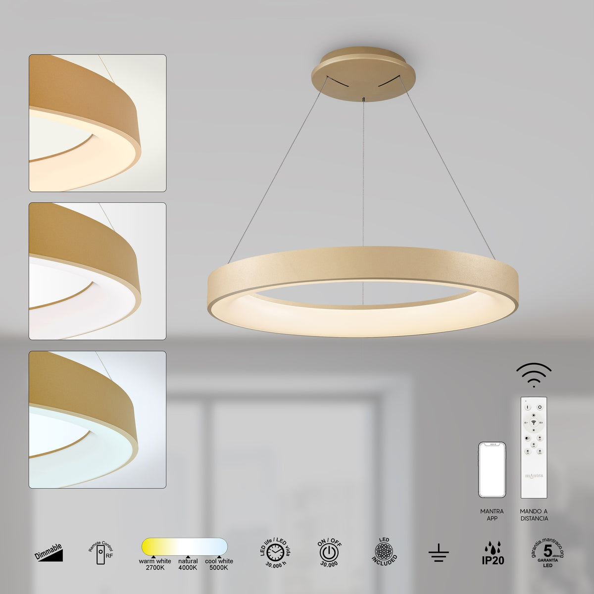 Mantra NISEKO II DIMABILNA viseća svjetiljka LED 45W CCT 50CM ZLATNA