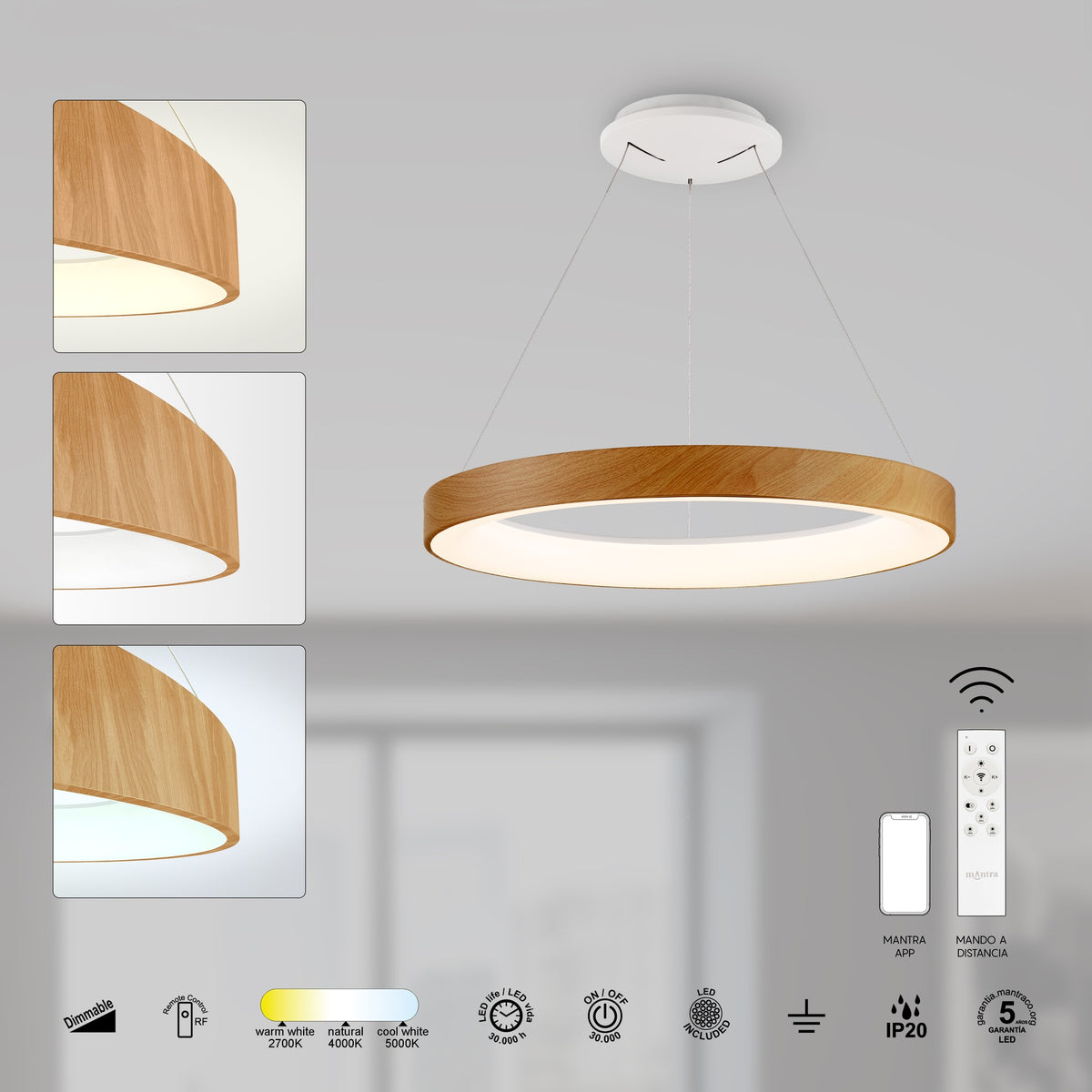 Mantra NISEKO II DIMABILNA viseća svjetiljka LED 45W CCT 50CM DRVO/BIJELA