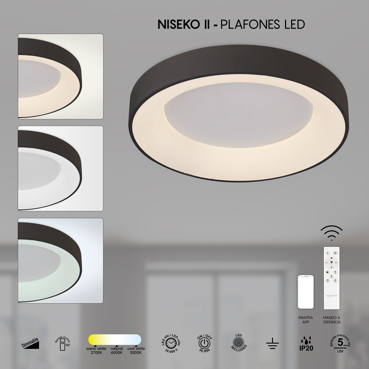 Mantra NISEKO II DIMABILNA stropna svjetiljka LED 30W CCT 38CM CRNA