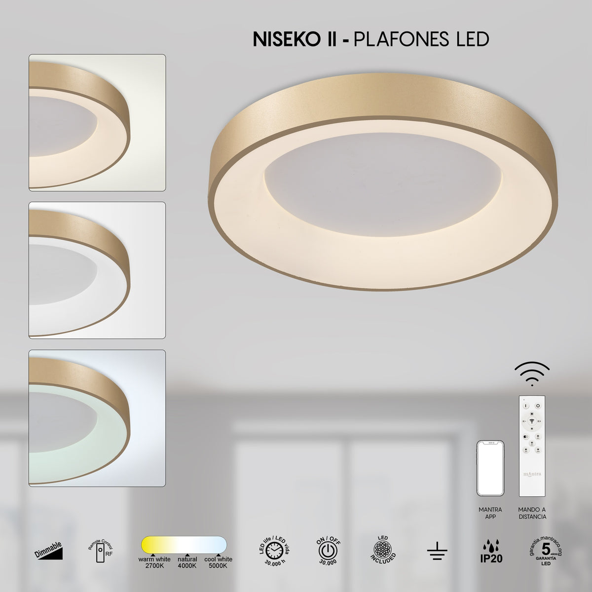 Mantra NISEKO II DIMABILNA stropna svjetiljka LED 30W CCT 38CM ZLATNA