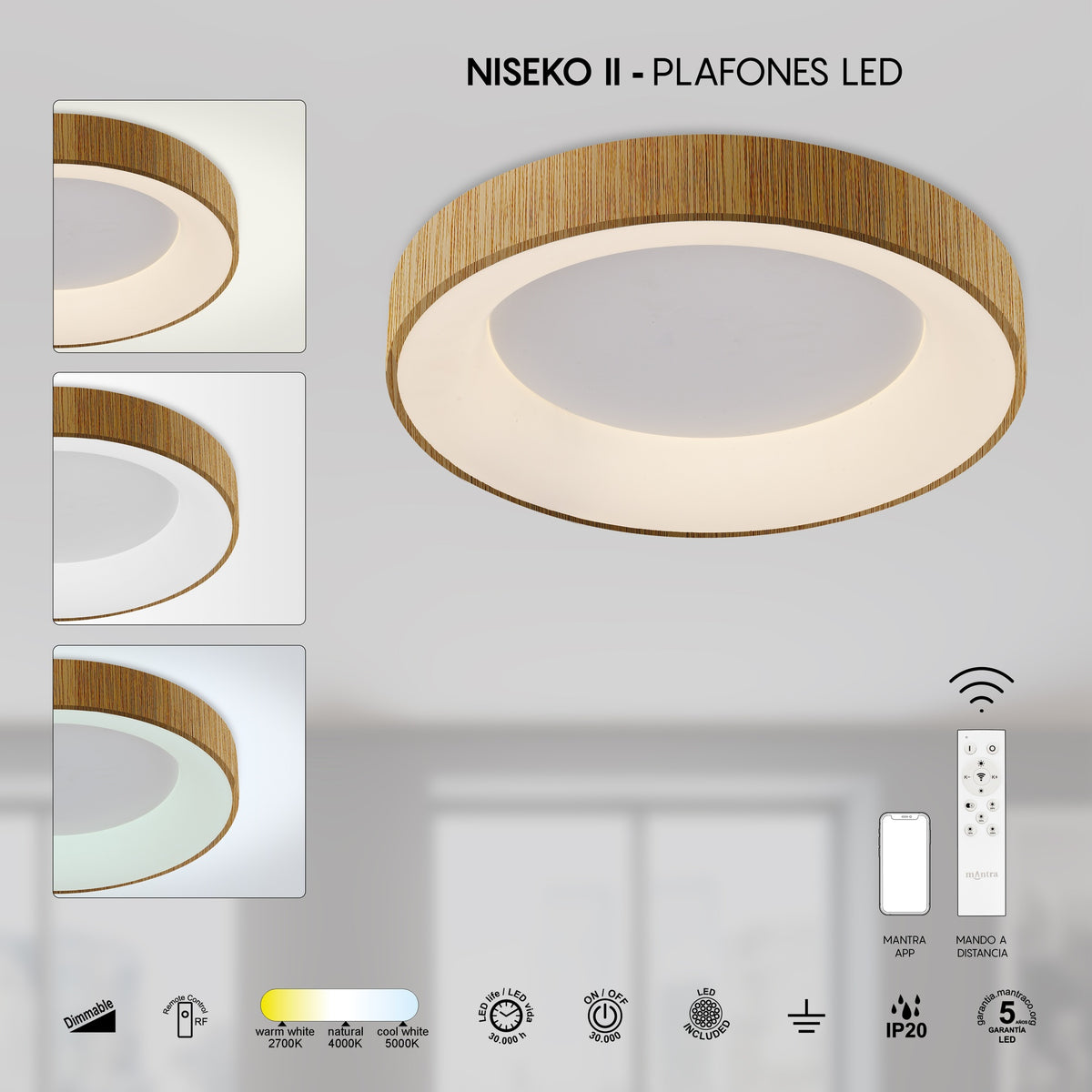 Mantra NISEKO II DIMABILNA stropna svjetiljka LED 30W CCT 38CM DRVO