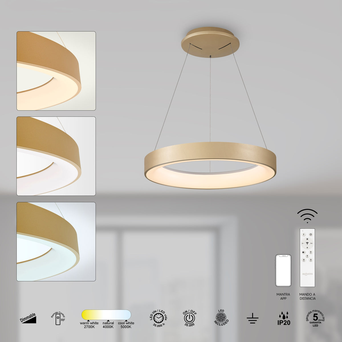 Mantra NISEKO II DIMABILNA viseća svjetiljka LED 30W CCT 38CM ZLATNA