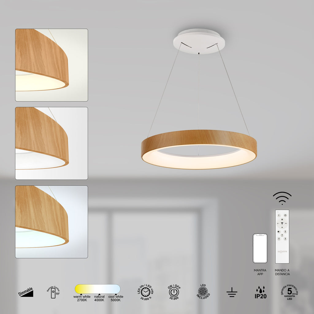 Mantra NISEKO II DIMABILNA viseća svjetiljka LED 30W CCT 38CM DRVO/BIJELA