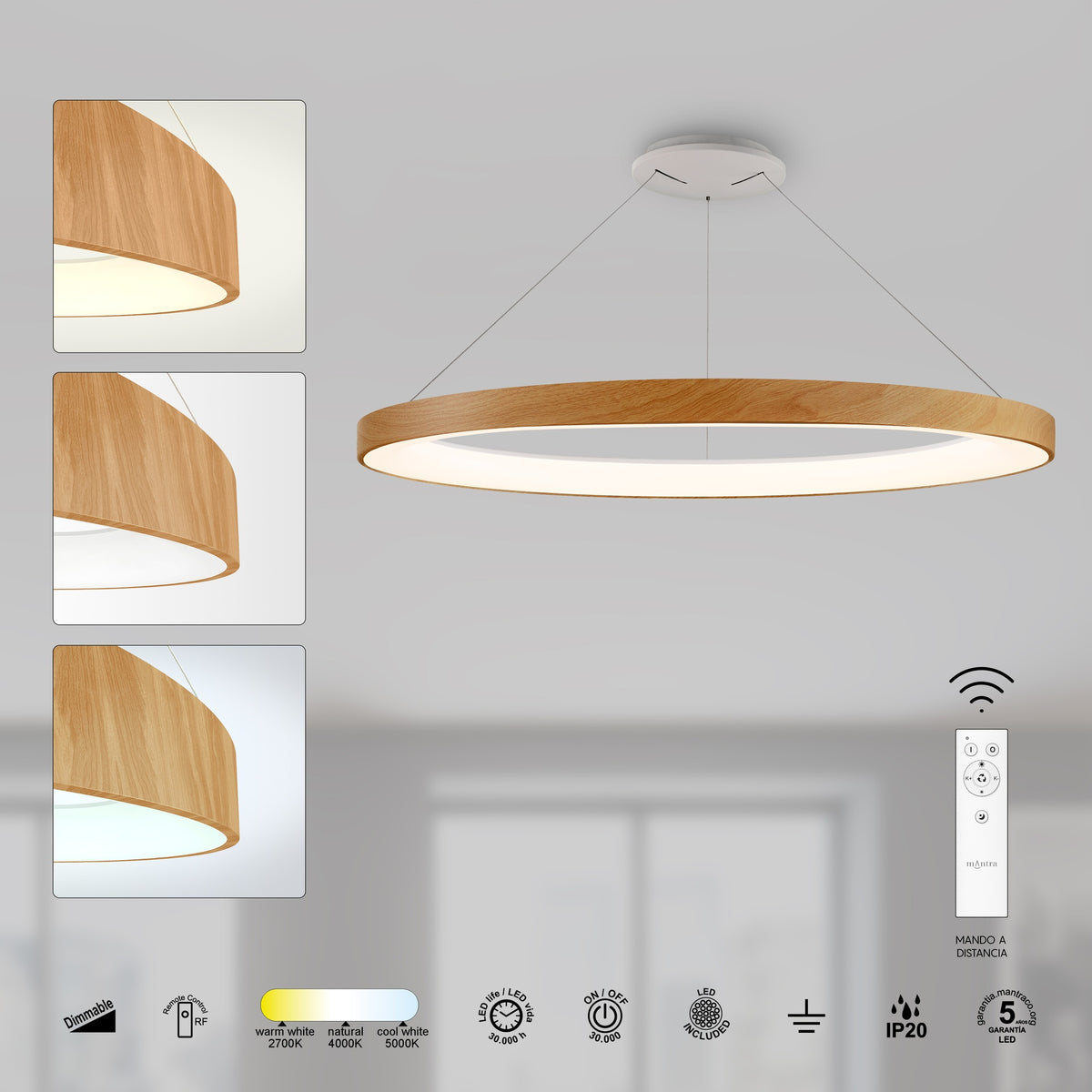 Mantra NISEKO II DIMABILNA viseća svjetiljka LED 75W CCT 90CM DRVO/BIJELA