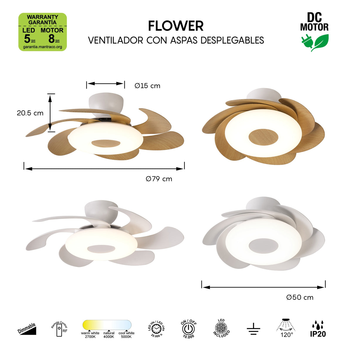 Mantra FLOWER LED stropni ventilator 79cm BIJELI