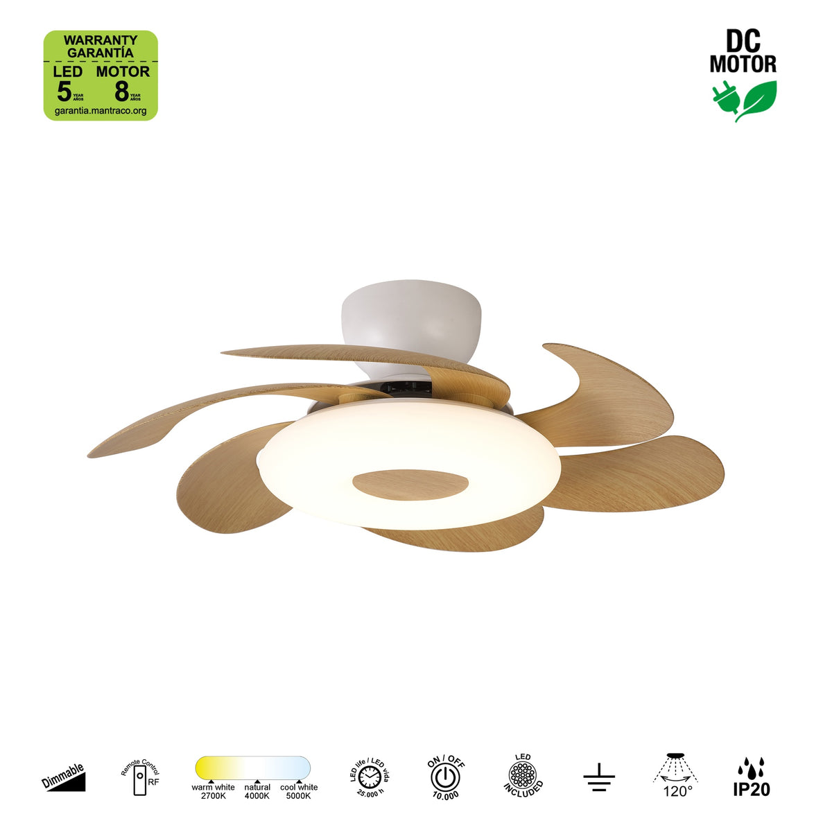 Mantra FLOWER LED stropni ventilator 79cm DRVO/BIJELA