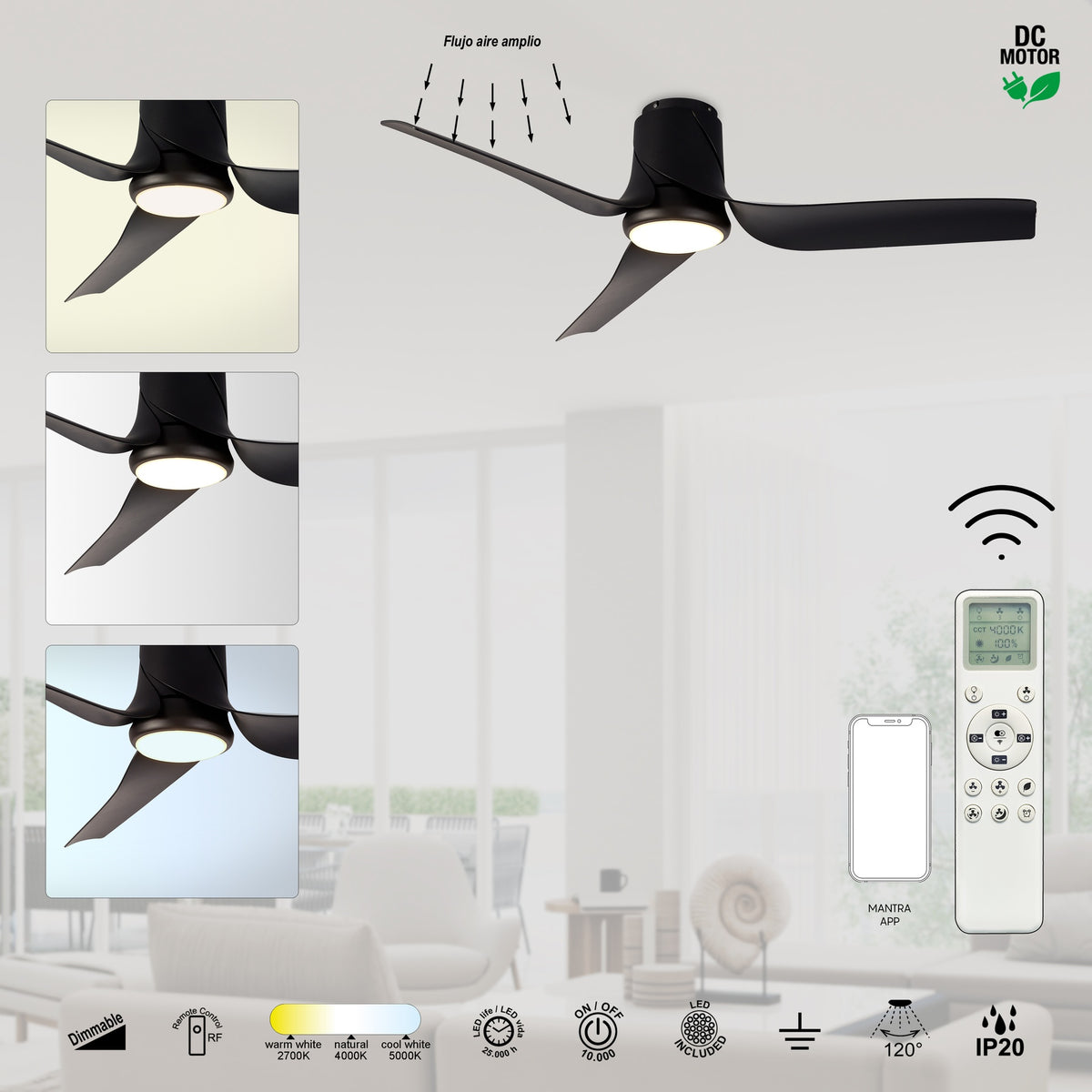 Mantra USHUAIA PAMETNI LED stropni ventilator 133cm CRNI