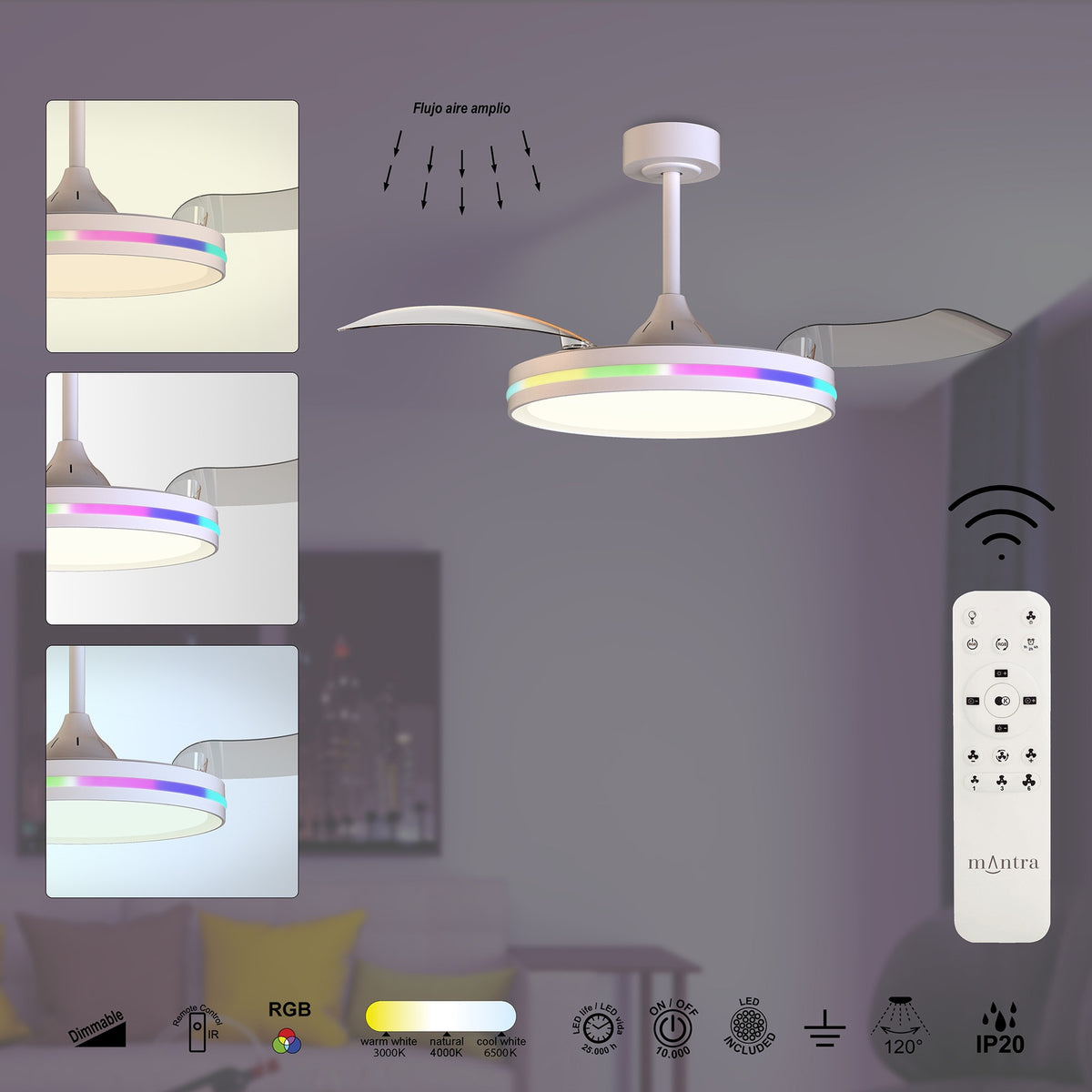 Mantra NORTH stropni LED RGB ventilator 91cm BIJELI