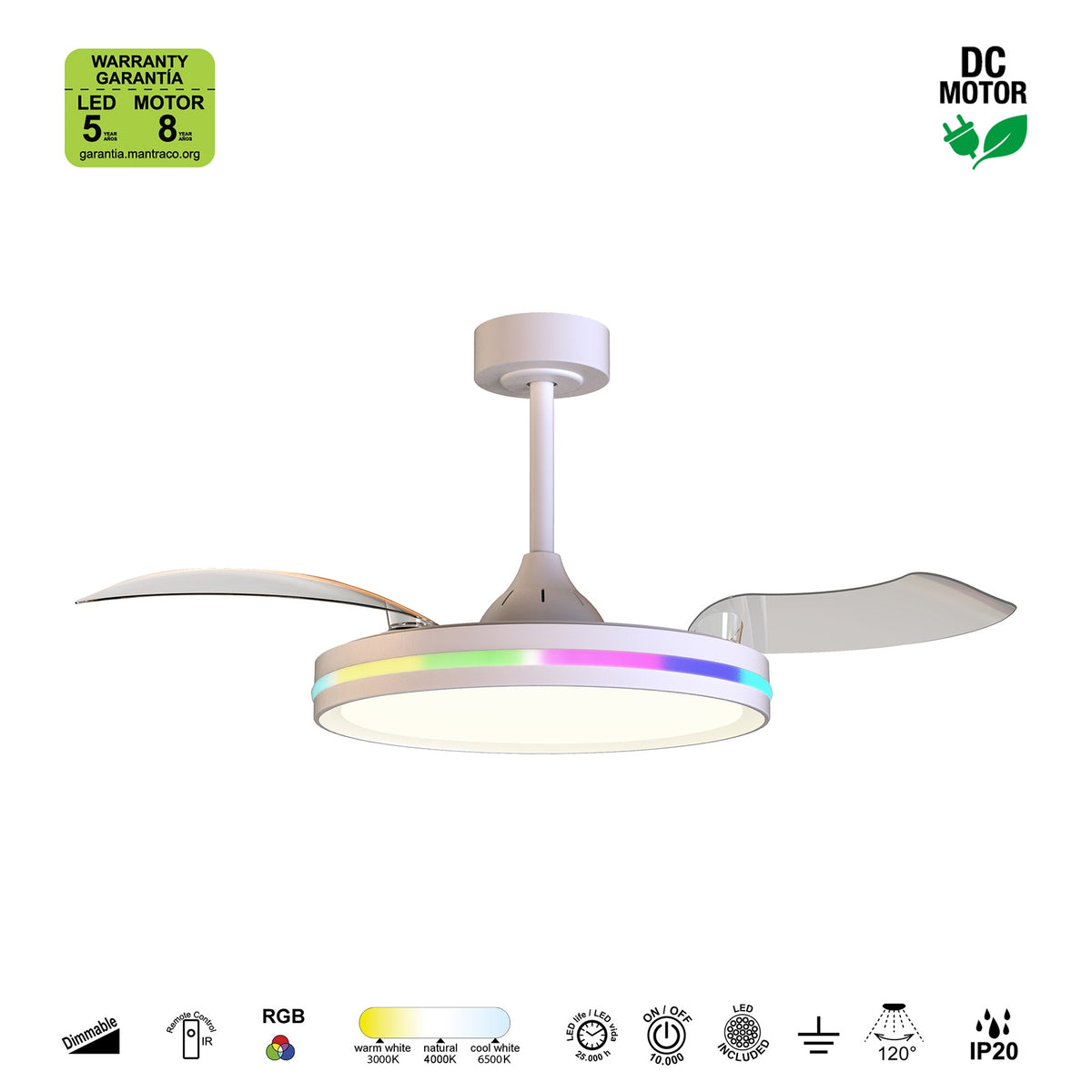 Mantra NORTH stropni LED RGB ventilator 91cm BIJELI