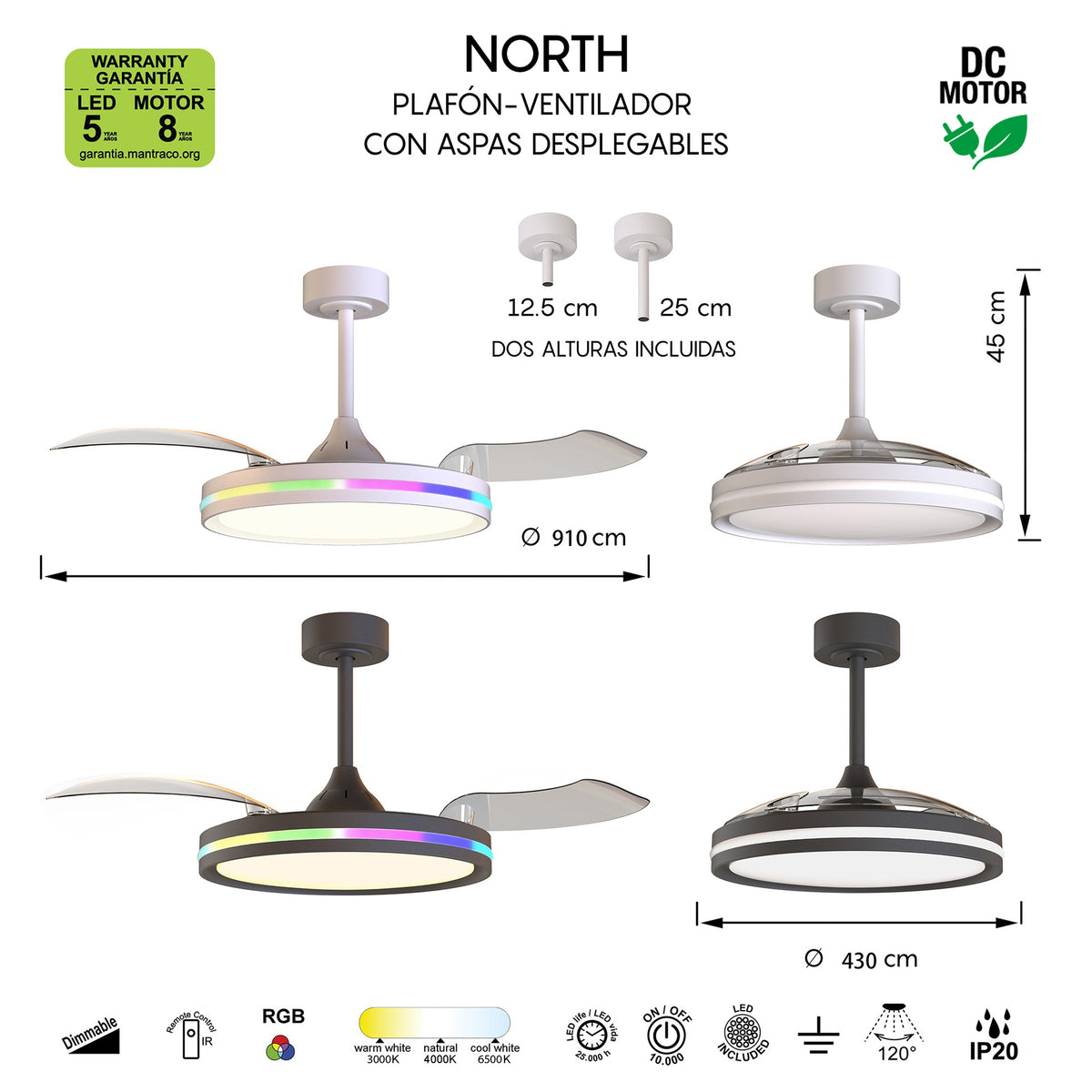 Mantra NORTH stropni LED RGB ventilator 91cm CRNI