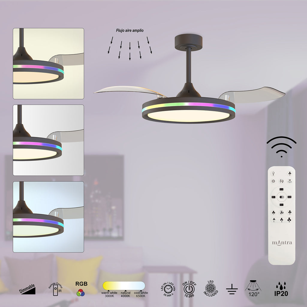 Mantra NORTH stropni LED RGB ventilator 91cm CRNI