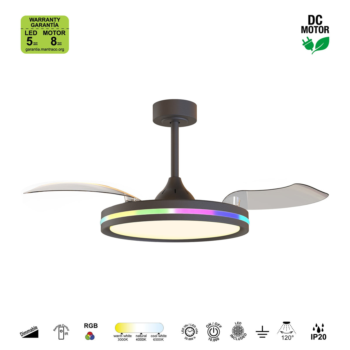 Mantra NORTH stropni LED RGB ventilator 91cm CRNI