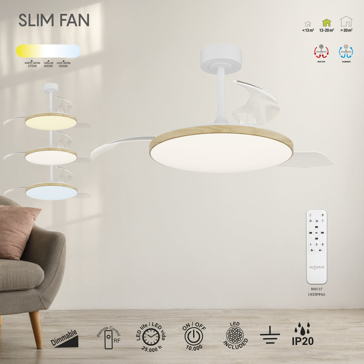 Mantra SLIM LED stropni ventilator 106cm DRVO/BIJELA
