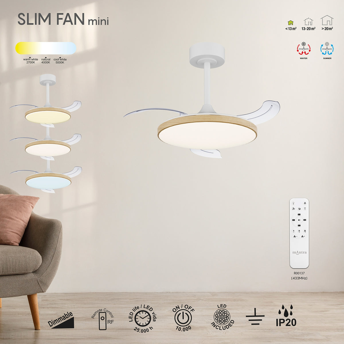 Mantra SLIM FAN MINI LED stropni ventilator 90cm DRVO/BIJELA
