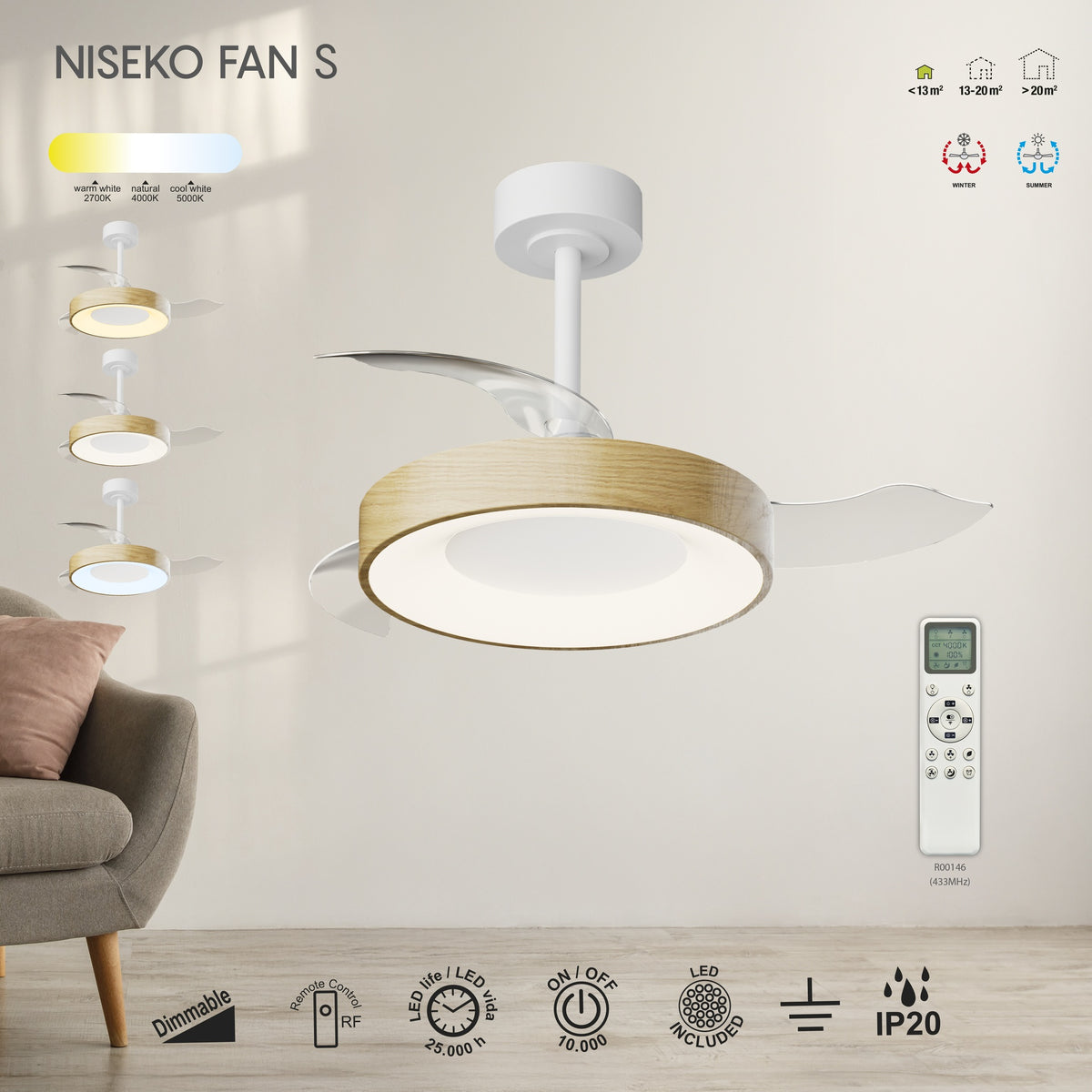 Mantra NISEKO FAN S stropni LED ventilator 91cm DRVO/BIJELA