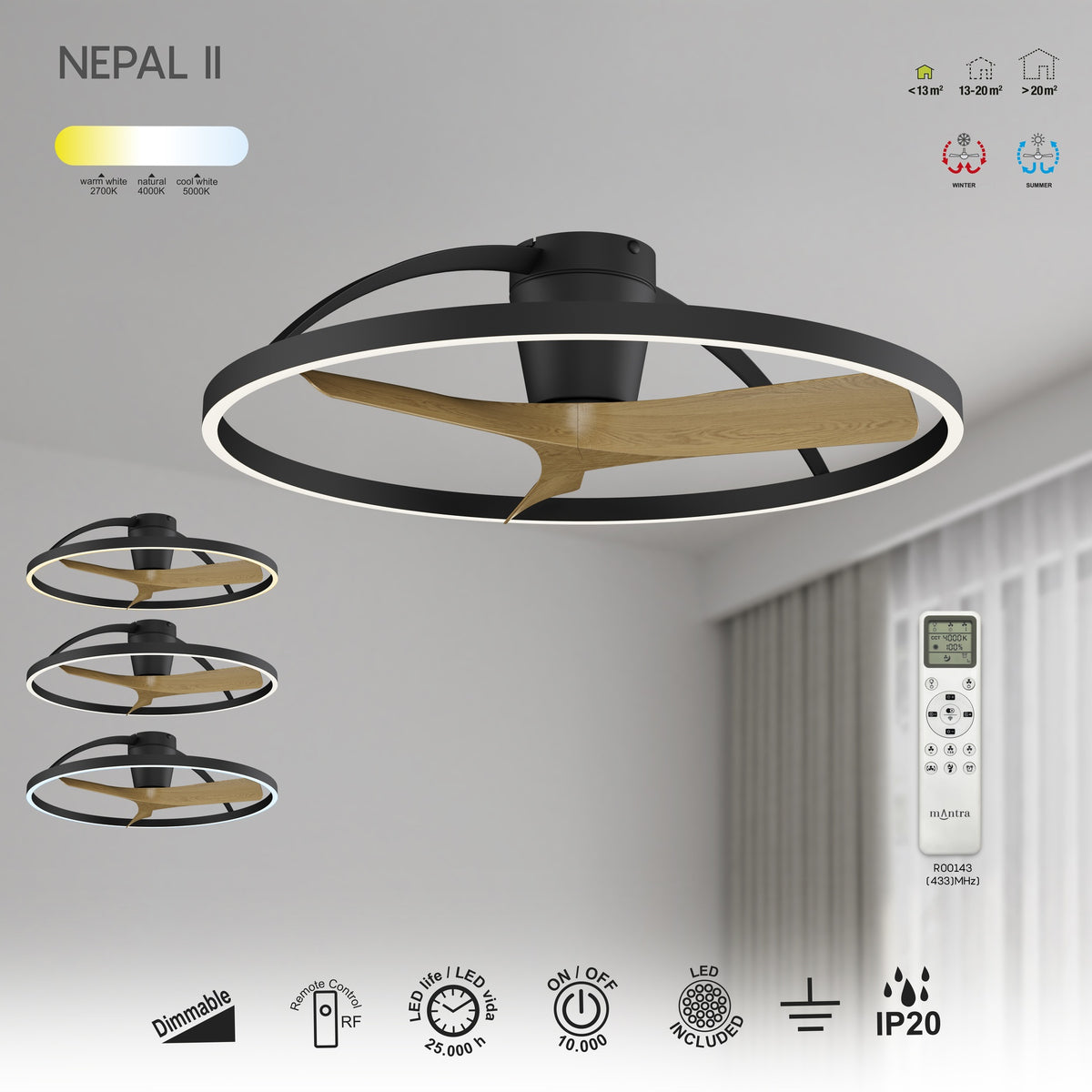 Mantra NEPAL II M LED stropni ventilator 75cm DRVO/CRNA