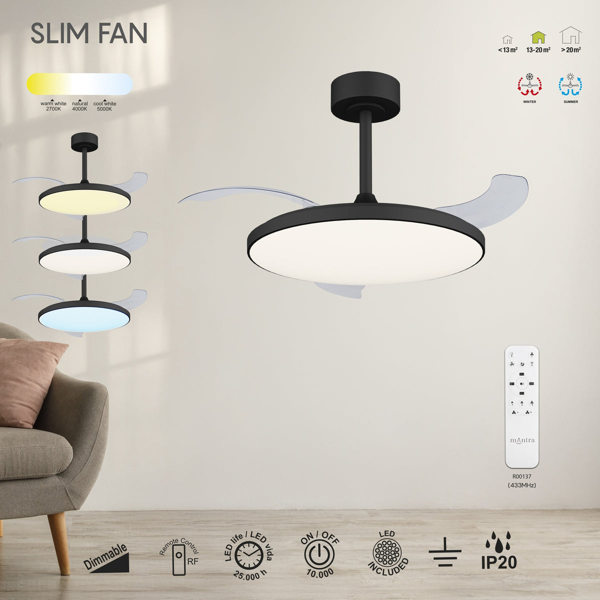 Mantra SLIM FAN LED stropni ventilator 106cm CRNI