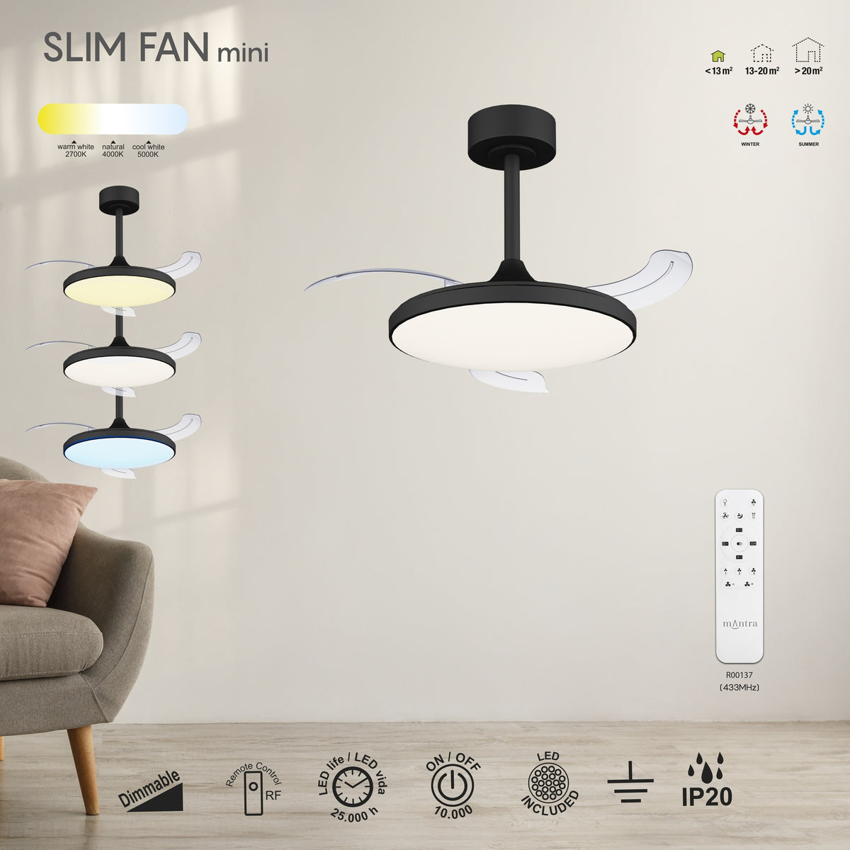 Mantra SLIM FAN MINI LED stropni ventilator 90cm CRNI