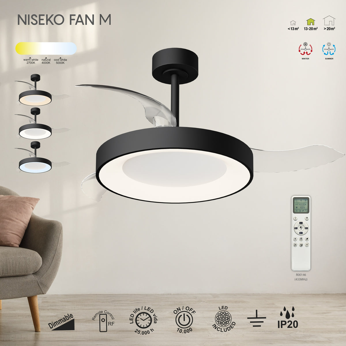 Mantra NISEKO FAN M stropni LED ventilator 106cm CRNI