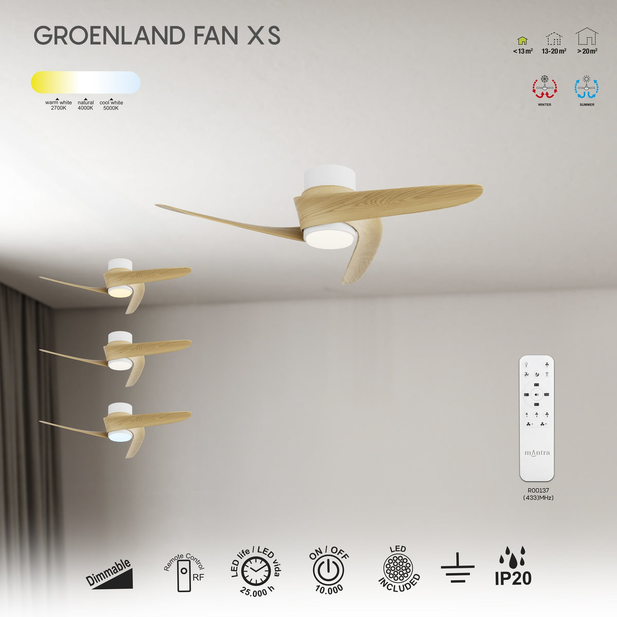 Mantra GROENLAND XS LED stropni ventilator 79,5cm DRVO/BIJELA