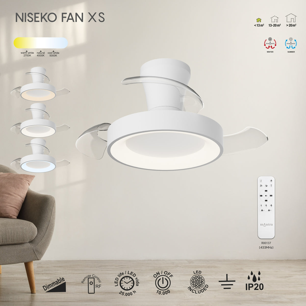 Mantra NISEKO FAN XS stropni LED ventilator 71cm BIJELI