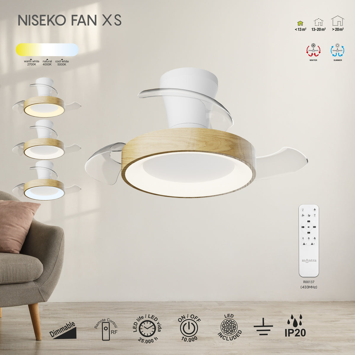 Mantra NISEKO FAN XS stropni LED ventilator 71cm DRVO/BIJELA