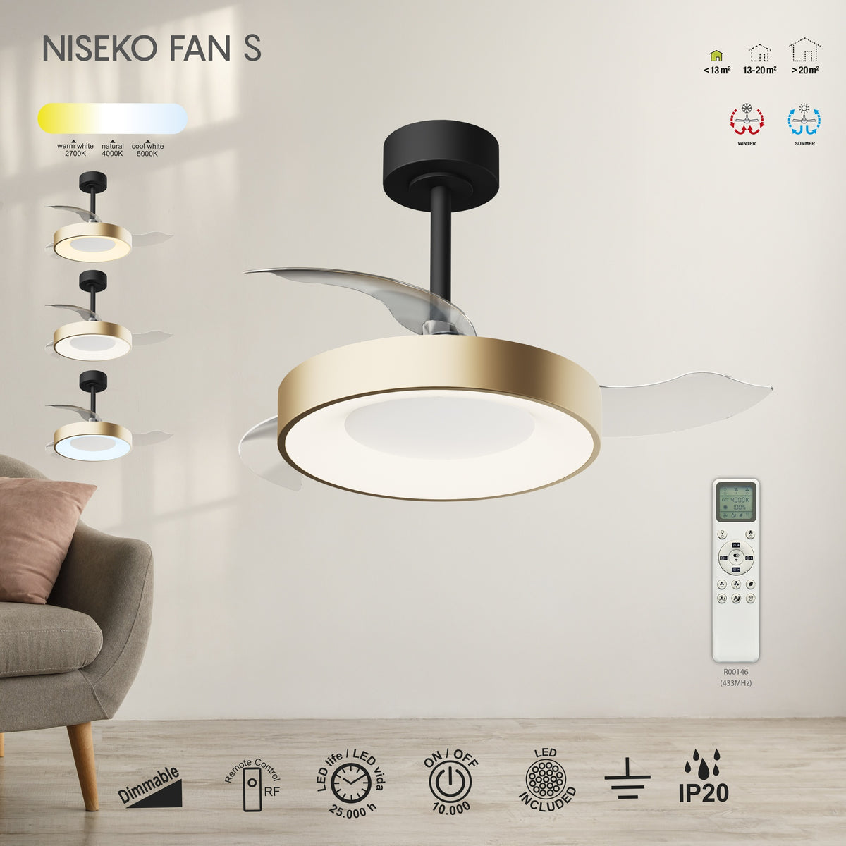 Mantra NISEKO FAN S stropni LED ventilator 91cm ZLATO/CRNA