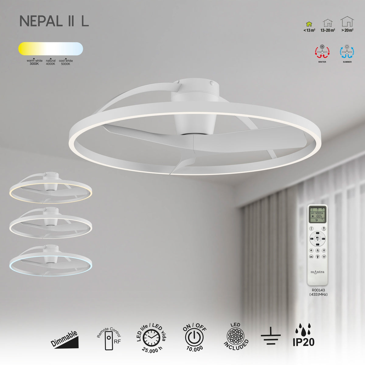 Mantra NEPAL II L LED stropni ventilator 100cm BIJELI