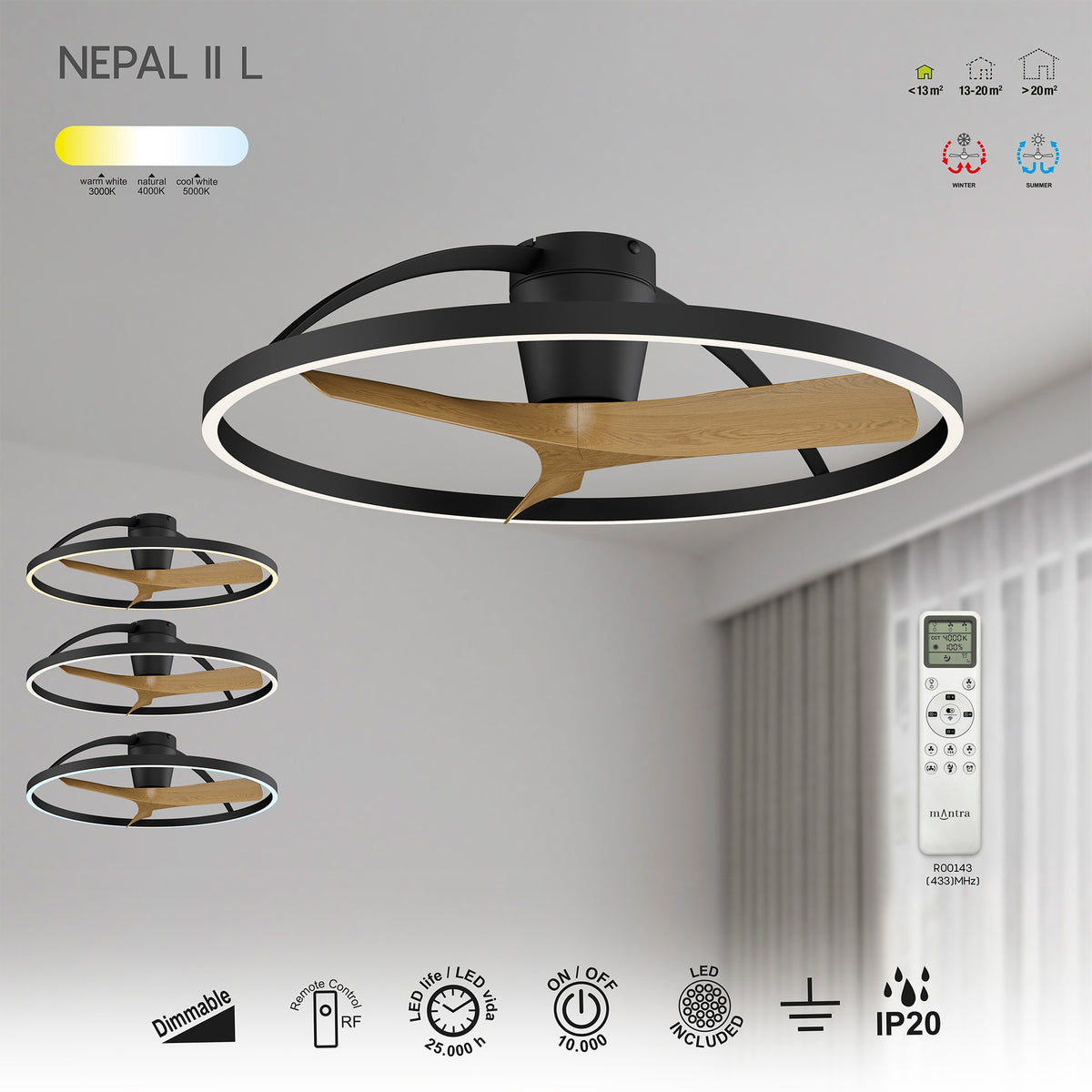 Mantra NEPAL II L LED stropni ventilator 100cm DRVO/CRNA