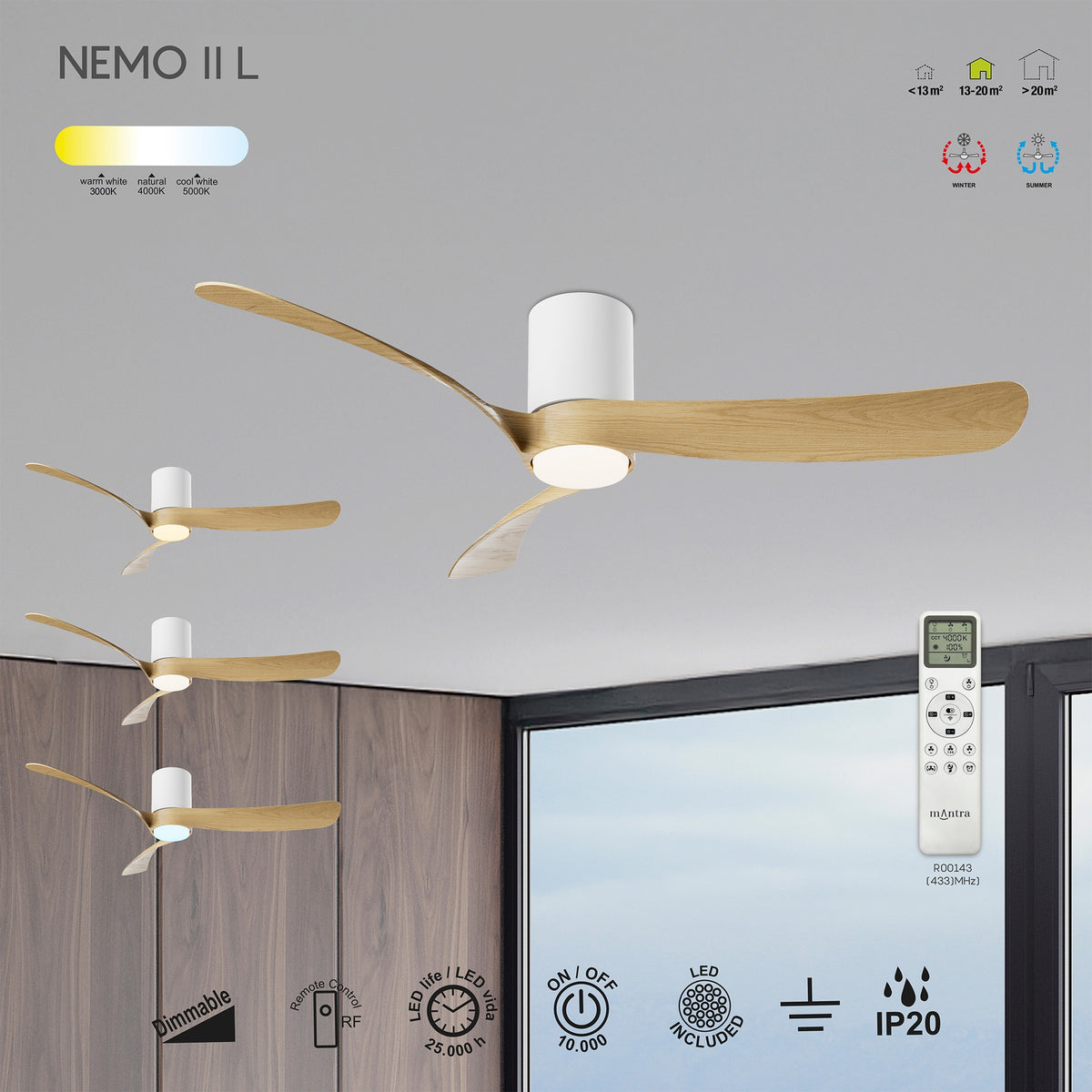 Mantra NEMO II L stropni LED ventilator 132cm DRVO/BIJELA