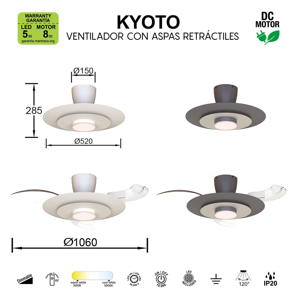 Mantra KYOTO stropni LED ventilator s uvlačivim krilima 50/106cm SMEĐI