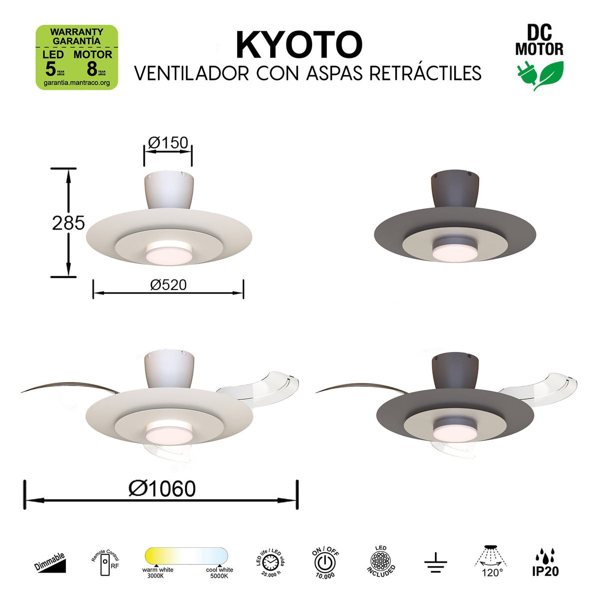 Mantra KYOTO stropni LED ventilator s uvlačivim krilima 50/106cm BIJELI