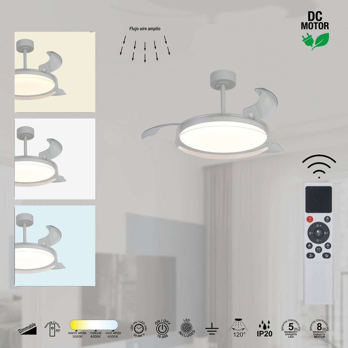 Mantra GLASS FAN M stropni LED ventilator 106cm PROZIRNA/BIJELA