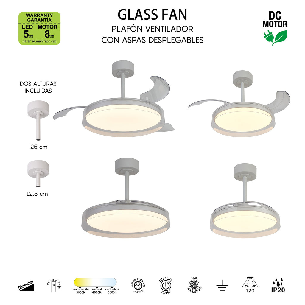 Mantra GLASS FAN S stropni LED ventilator 91cm PROZIRNA/BIJELA
