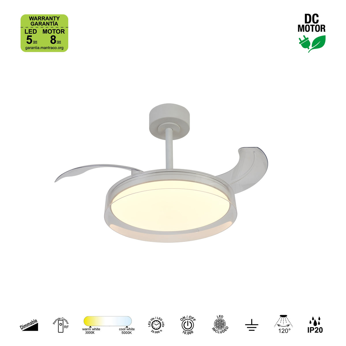 Mantra GLASS FAN S stropni LED ventilator 91cm PROZIRNA/BIJELA